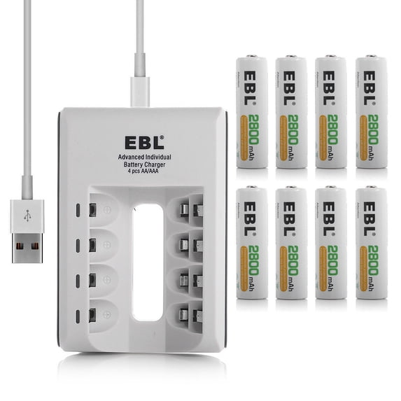EBL 8 Pack 2800mAh AA Ni-Mh Rechargeable Batteries 1.2V with 4-Slot USB Battery Charger for AA AAA Rechargeable Battery