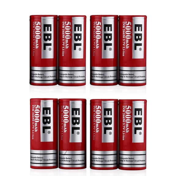 EBL 8-Pack 5000Ah 26650 Li-ion Rechargeable Battery 3.7V 5000mAh HIGH Capacity INR with Storage Case for Flashlight