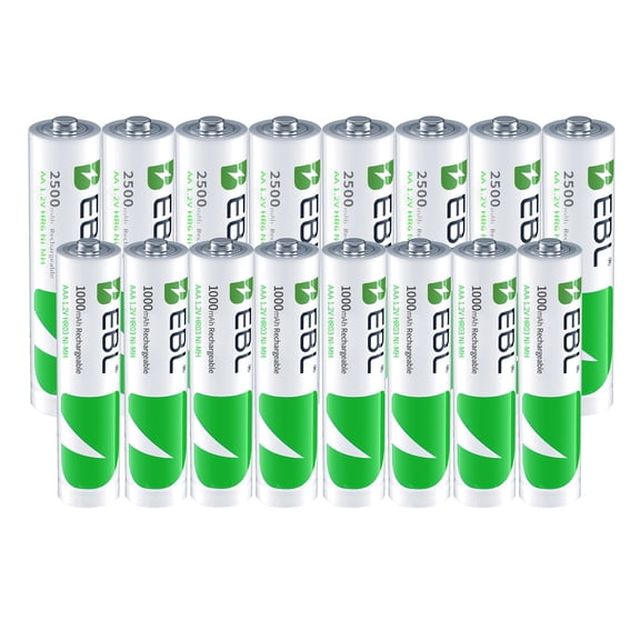 EBL 8-Pack AA 2500mAh and 8-Pack AAA 1000mAh Rechargeable Batteries Combo, High Capacity Ni-MH Precharged Batteries with Storage Case, for Household Electronics, Toys, Flashlights