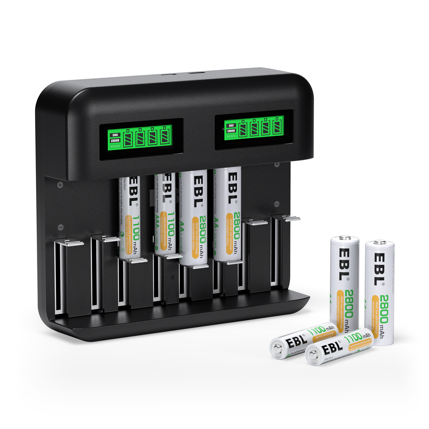 EBL 8 Bay Rechargeable AA AAA C D Battery Charger with 4 AA & 4 AAA NiMH Rechargeable Batteries