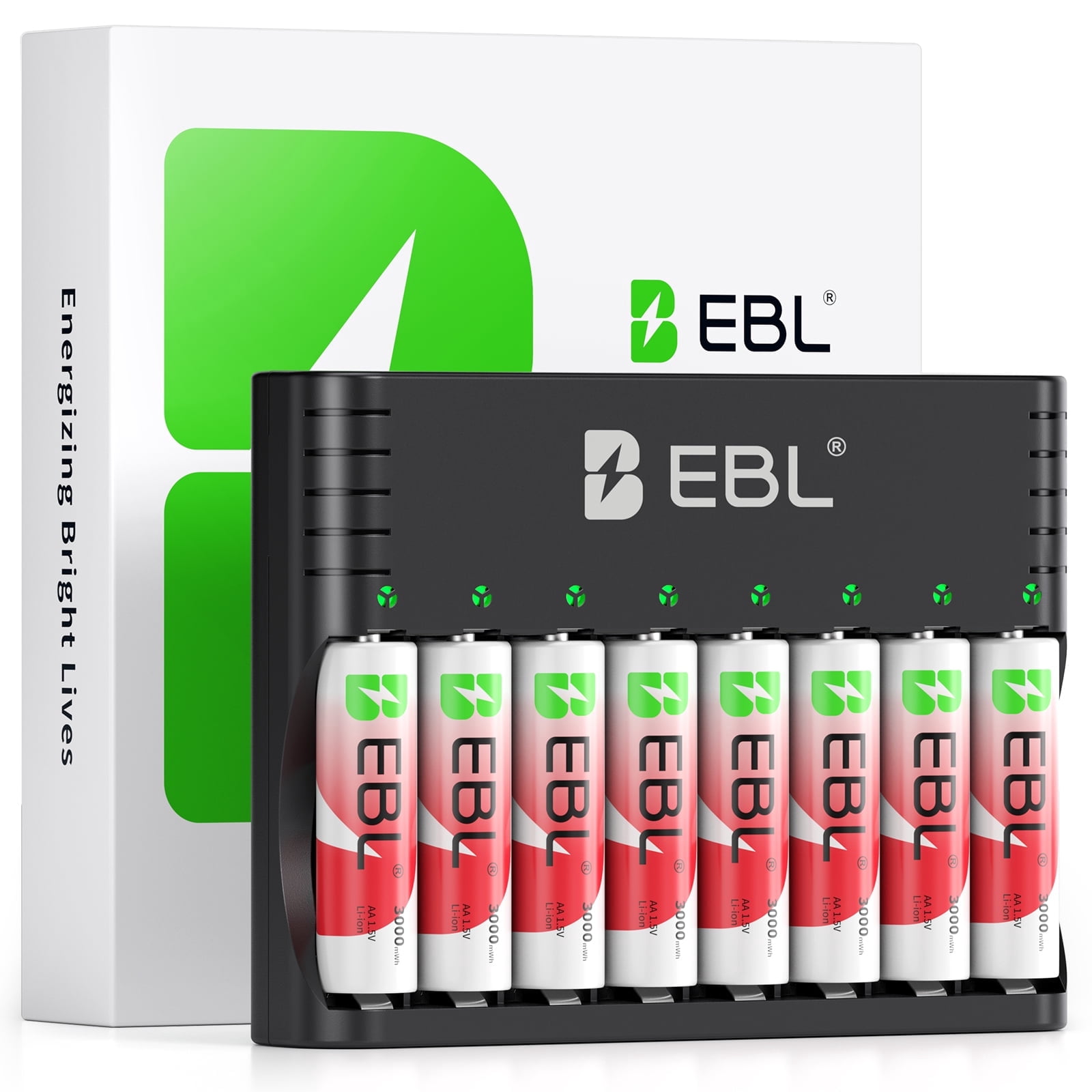 EBL 8 slot Rechargeable AA and AAA 1.2V 1.5V Battery Charger with 8 AA Li-ion 1.5V 2000mAh Rechargeable Batteries