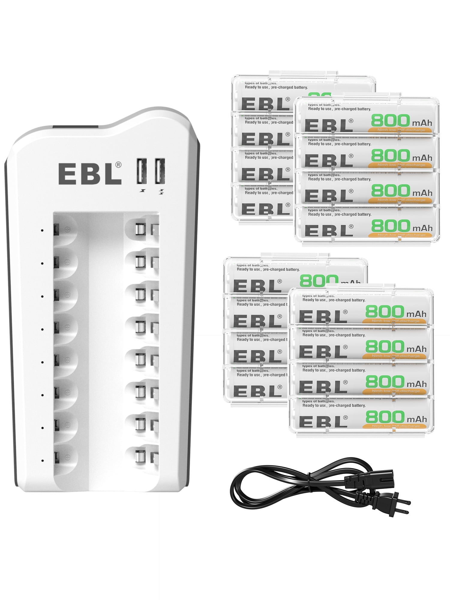 EBL 800mAh 1.2V NiMH AAA Rechargeable Batteries (16 Pack) and 808U Rechargeable AA AAA Battery Charger with 2 USB Charging Ports