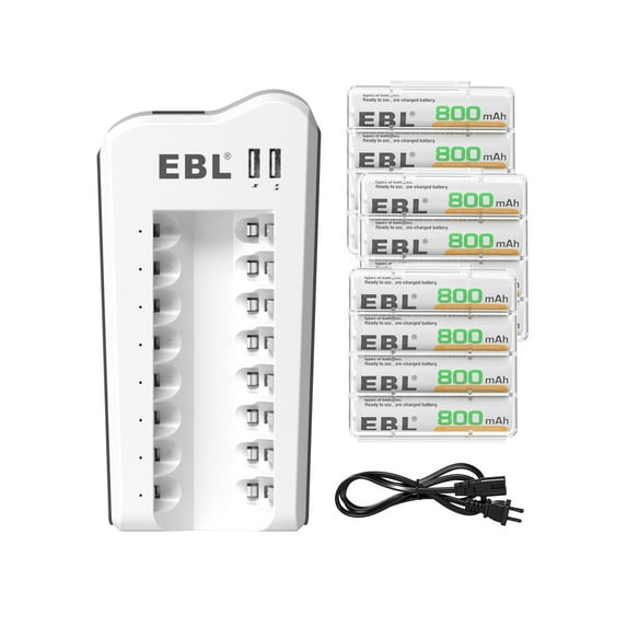EBL 800mAh NiMH AAA Rechargeable Batteries (12 Pack) and 808U Rechargeable AA AAA Battery Charger with 2 USB Charging Ports