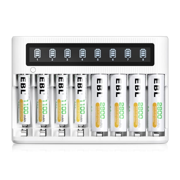 EBL 8Bay LCD Smart Charger with (4pcs) 1.2V AA Rechargeable Battery 2800mAh and (4pcs) AAA Batteries 1100mAh