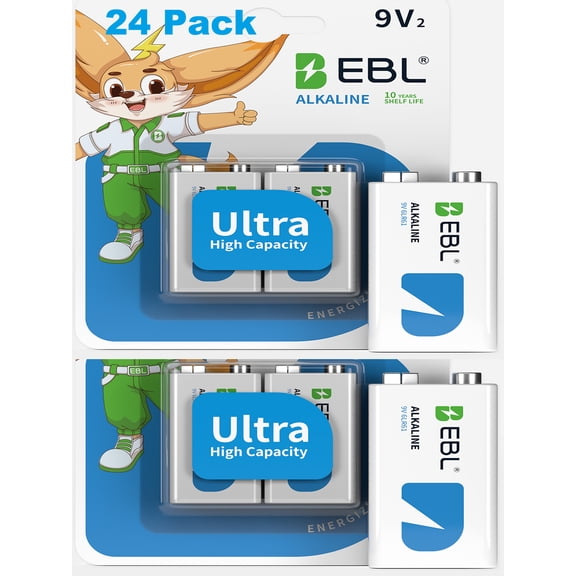 EBL 9 Volt Alkaline Batteries, 7-Year Shelf Life, Long Lasting 9V 6LR61 Battery, 24 Pack