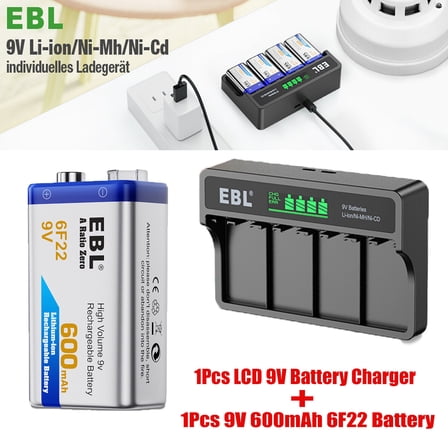 EBL 9 volt 600mAh Lithium Li-Ion Rechargeable Battery with Charger