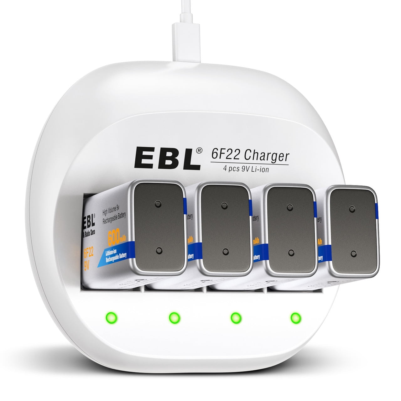 EBL 9V Batteries 4 Pack 600mAh 6F22 Rechargeable 9V Lithium Batteries with 4 Bay Charger