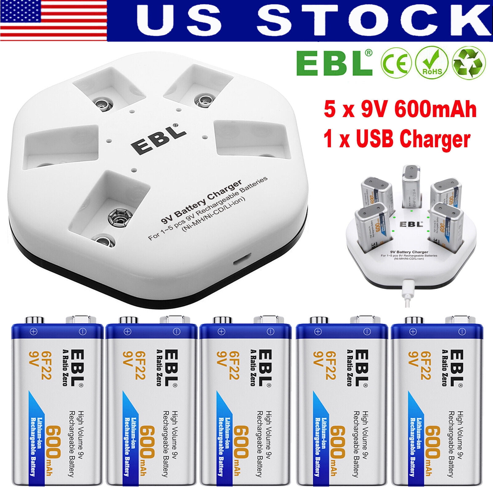 EBL 9V Batteries 5 Pack 600mAh 6F22 Rechargeable 9V Lithium Batteries with 5 Bay Charger