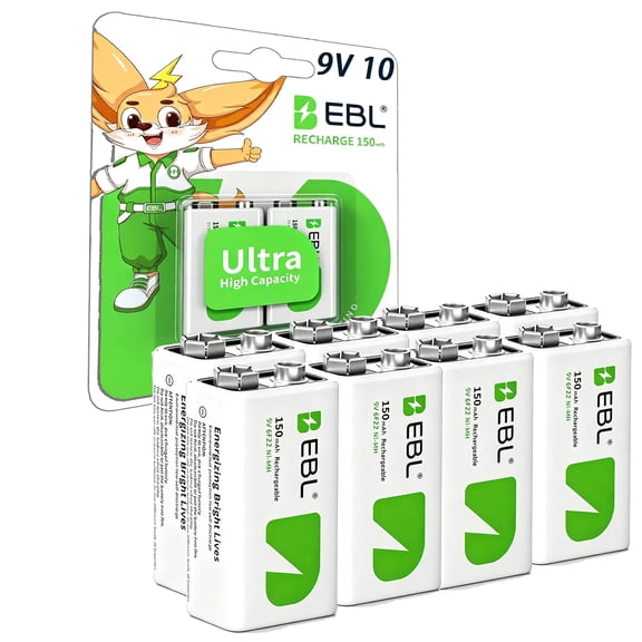 EBL 9V Ni-MH Rechargeable Battery 150mAh 10-Pack, Low Self-Discharge Safe Cell for Game Controllers Wireless Toys Household Devices