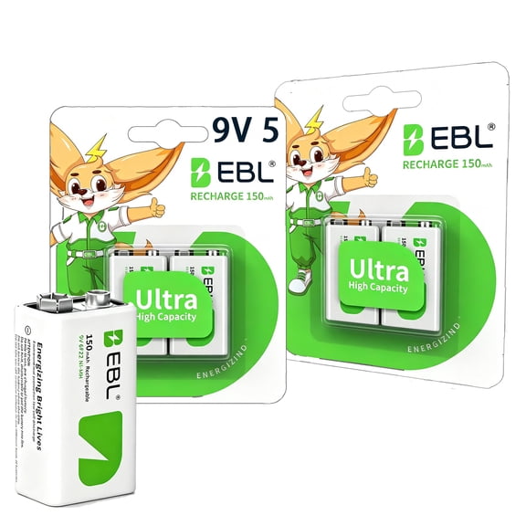 EBL 9V Ni-MH Rechargeable Battery 150mAh 5-Pack, Low Self-Discharge Safe Cell for Toy Home Essentials Smoke Detectors Guitar Pedals