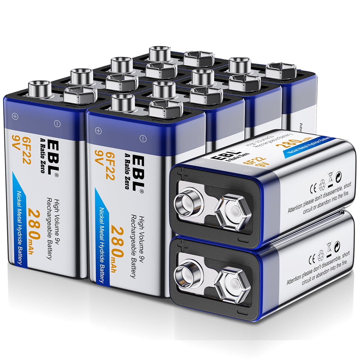 EBL 9V Rechargeable Batteries (10 Pack), 280 mAh 9 Volt Batteries