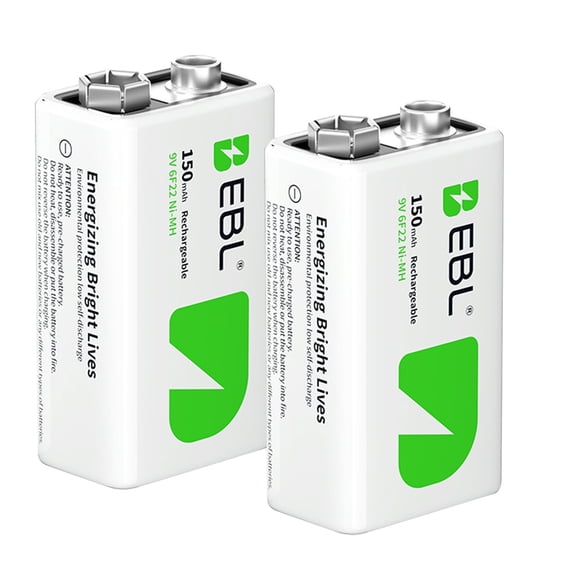 EBL 9V Rechargeable Batteries, 2-Pack NiMH 150mAh 9 Volt Battery for Household and Office Devices, Long-Lasting for Clocks, Radios, Remote Controls & More