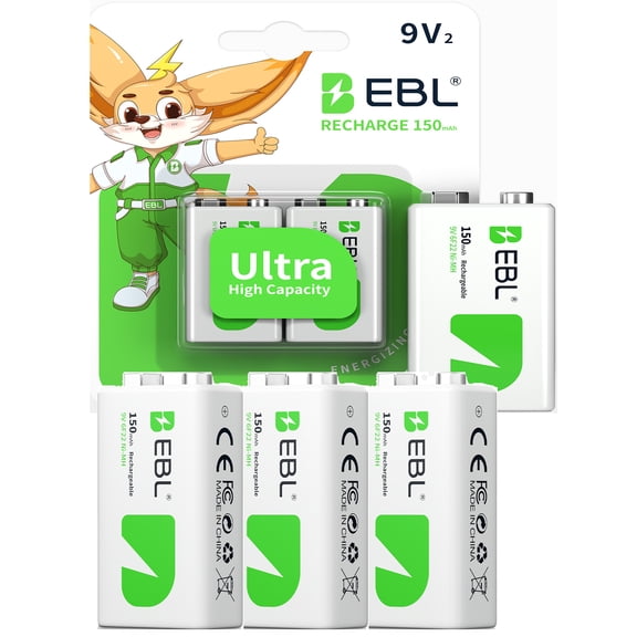 EBL 9V Rechargeable Batteries (6 Pack) Nimh 9 Volt Battery for Household, Office, Clocks, Radios