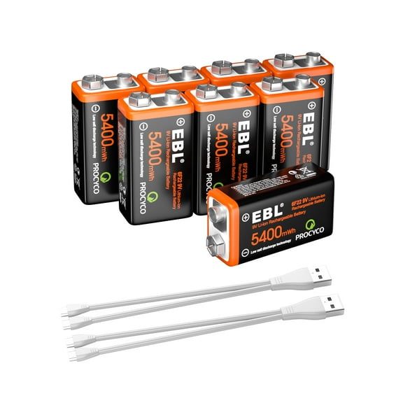 EBL 9V Rechargeable Batteries, 8 Pack 5400mWh 9 Volts Lithium Batteries with USB Charging Cable