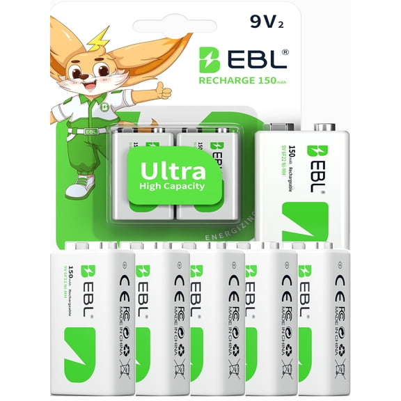EBL 9V Rechargeable Batteries (8 Pack), Recharge 9 Volt Battery for Household and Office Devices