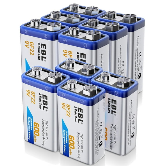 EBL 9V Rechargeable Batteries 9 Volt Lithium ion 600mAh Li-ion Batteries (10-Packs)