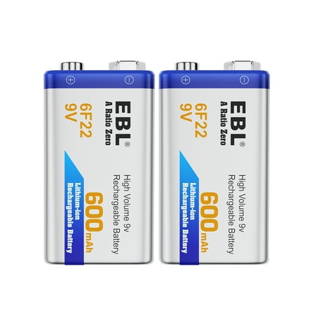EBL 9V Rechargeable Batteries 9 Volt Lithium ion 600mAh Li-ion Batteries (2-Packs)