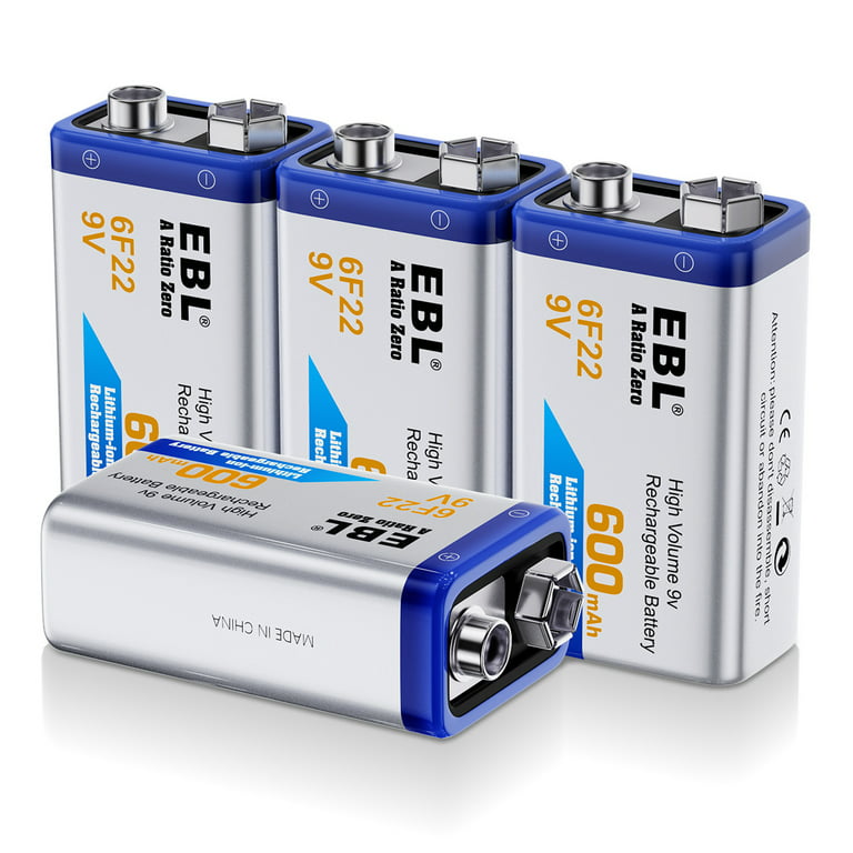 EBL 9V Rechargeable Batteries 9 Volt Lithium ion 600mAh Li-ion Batteries  (4-Packs) 