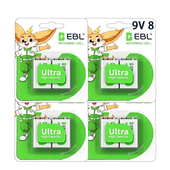 EBL 9V Rechargeable Battery 150mAh Ni-MH 8-Pack Low Self-Discharge Safe Cell, Ready to Use for Household Office Devices