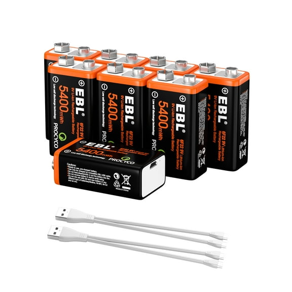 EBL 9V USB Lithium Batteries (8 Pack), 5400mWh Rechargeable Batteries with Micro Cable - Quick Charge