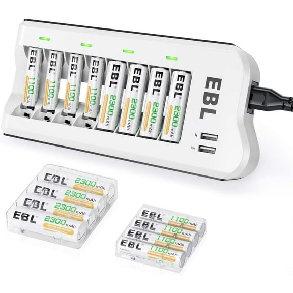 EBL AA 2300mAh (8 Pack) and AAA 1100mAh (8 Pack) Ni-MH Rechargeable Batteries 1.2V and AA AAA Rechargeable Battery Charger with 2 USB Charging Ports