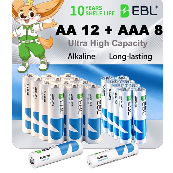 EBL AA AAA Alkaline Batteries 20 Pack, 12 Count AA + 8 Count AAA, 1.5V Ultra-high Capacity Long Lasting Zero Leak 10-Year Shelf Life for Household Daily Electronics