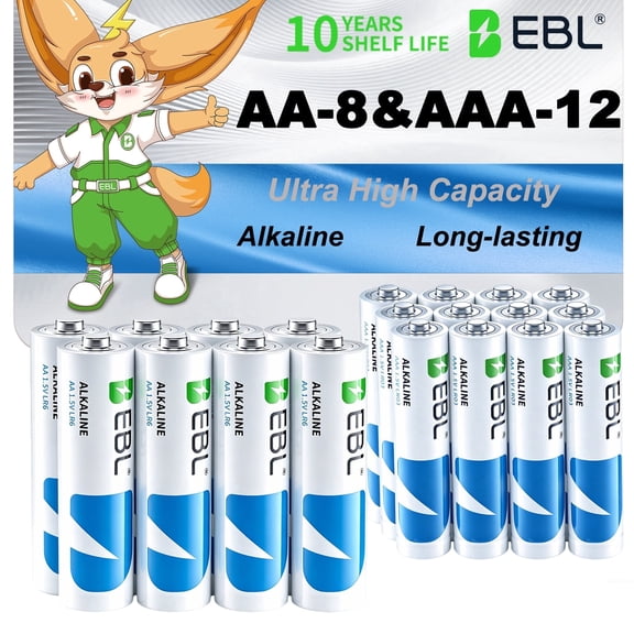 EBL AA and AAA Alkaline Batteries Combo Pack, 8 Count AA & 12 Count AAA, 1.5V, Long Lasting Power, High Capacity, Zero Leak, 10-Year Shelf Life Non-rechargeable Batteries for Household and Business