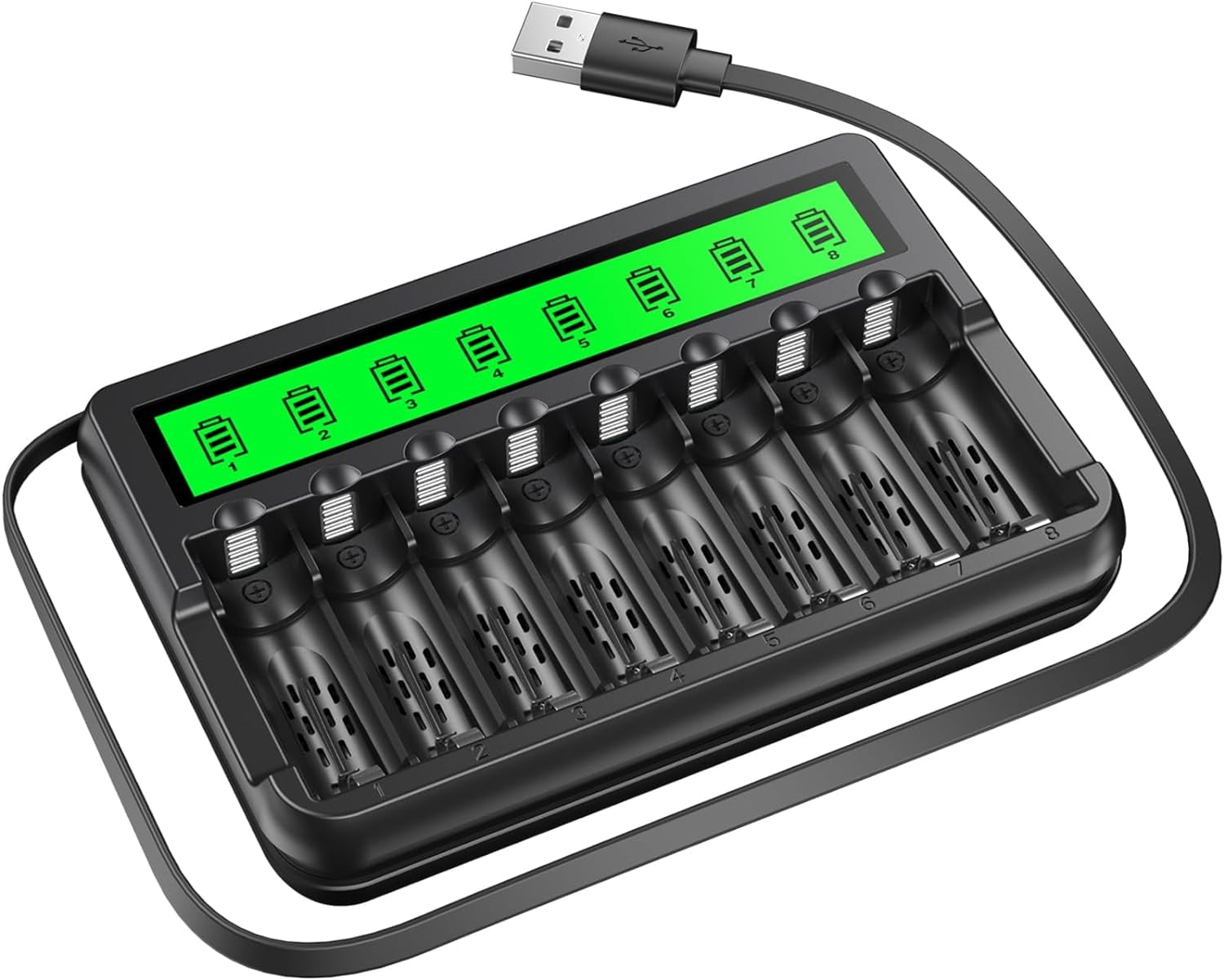 EBL AA AAA Battery Charger with Built-in Cable, High-Speed Charging 8 Bay LCD Battery Charger Independent Slot for AA AAA Ni-MH Ni-CD Rechargeable Batteries