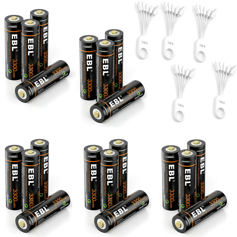 EBL AA Battery 1.5V AA Lithium ion Batteries 3300mWh with Micro USB Cable,  2 Hours Quick Charge USB AA Rechargeable Batteries 20 Packs 