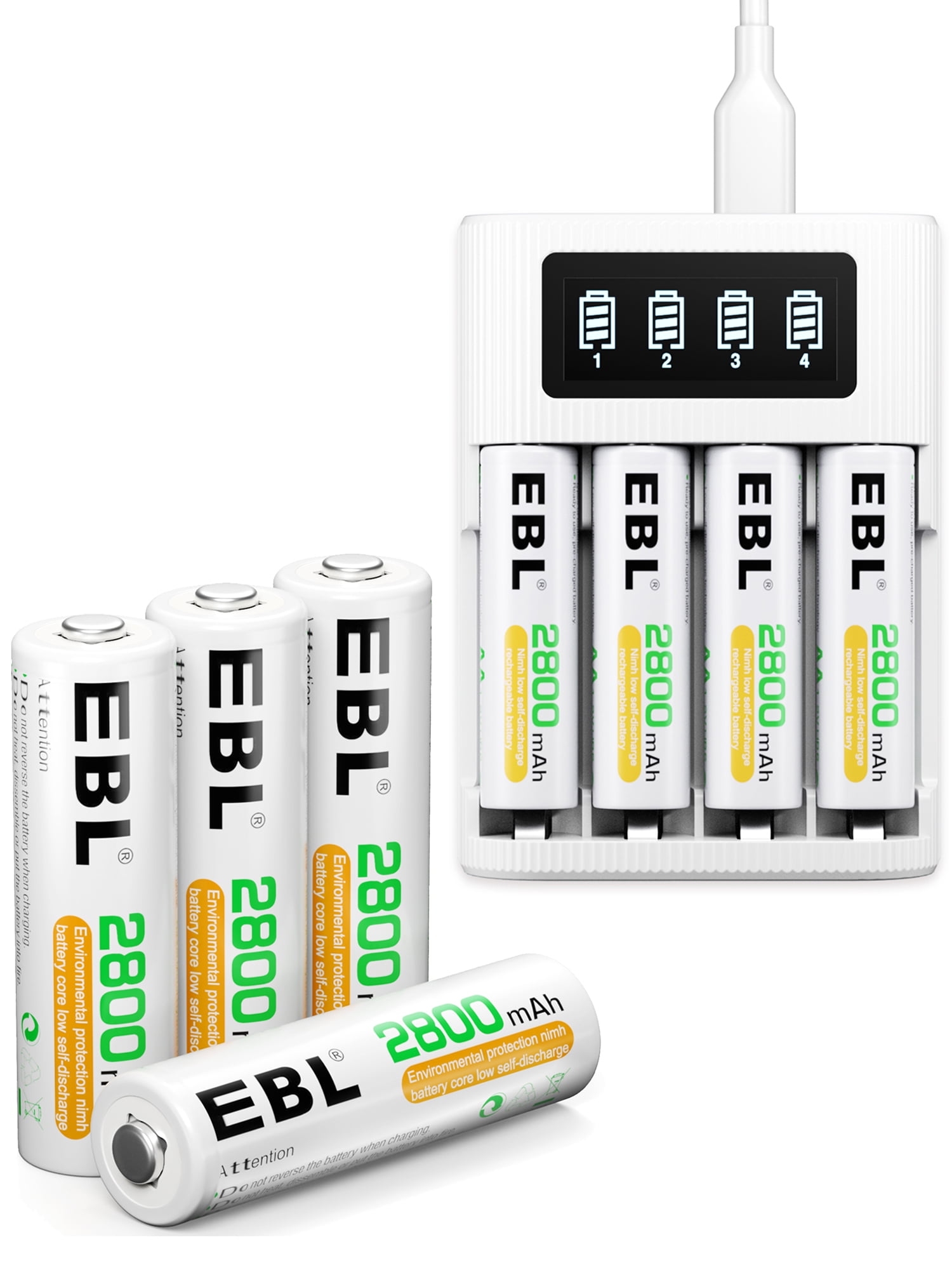 EBL AA Rechargeable Batteries 2800mAh (8 Pack) Double a Batteries + LCD Screen USB Battery Charger