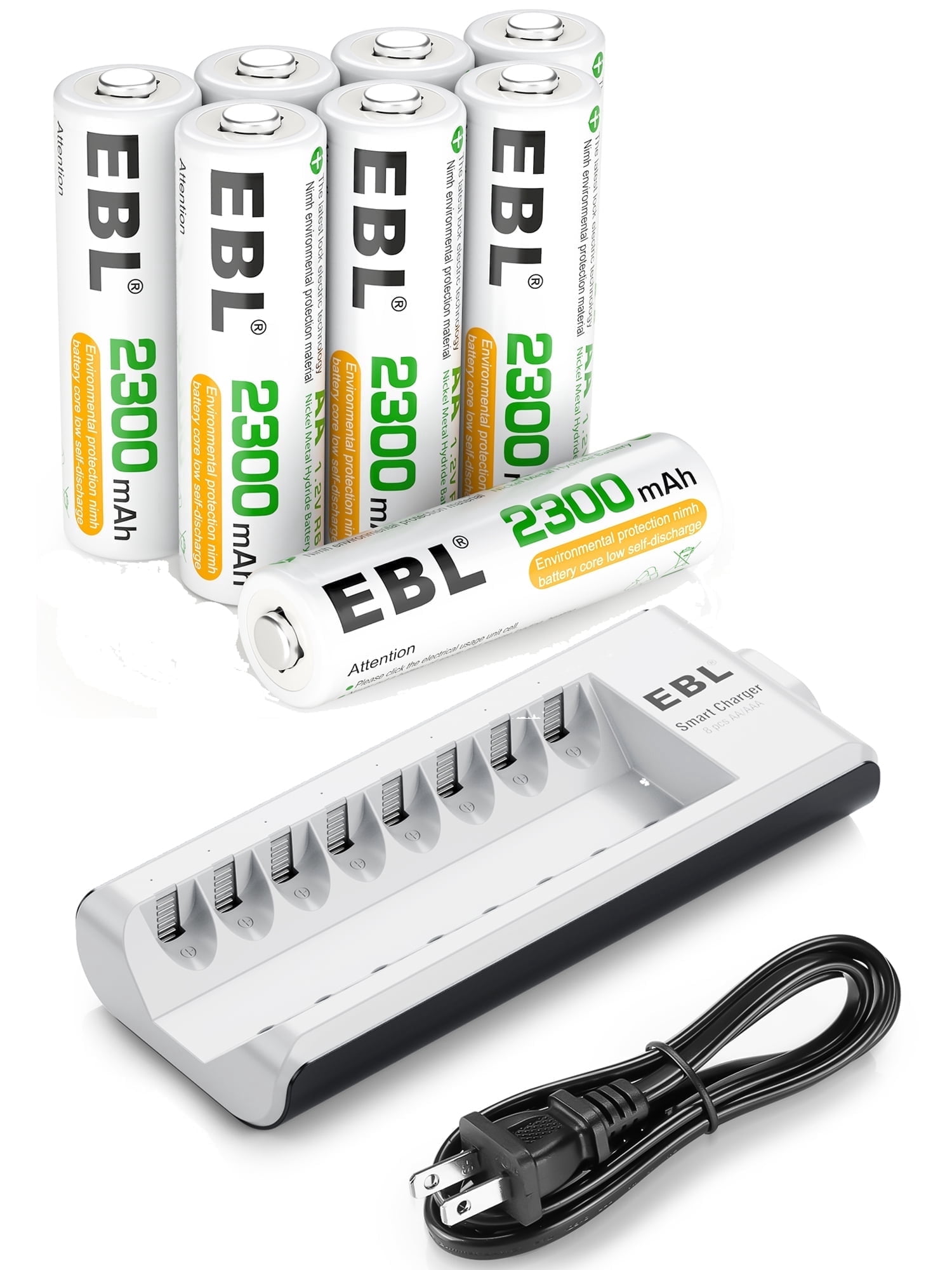 EBL AA Rechargeable Batteries (8 Pack), 2300mAh Double a Batteries + 8 Bay Battery Charger with Charging Cable