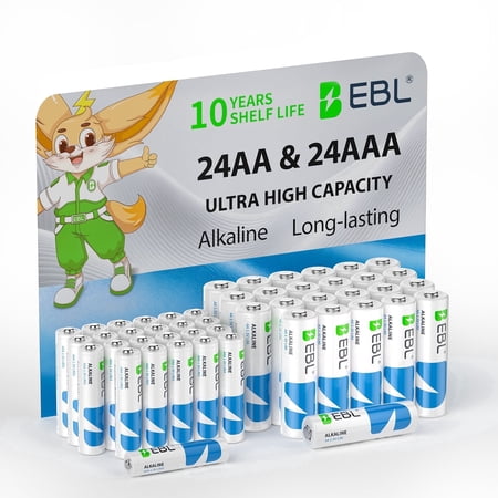 EBL AA & AAA Batteries Combo Pack, 48-Count Pack (24 Double A & 24 Triple A), 1.5V Alkaline Batteries, Long-Lasting High Energy Leak-Proof Batteries for Household and Business