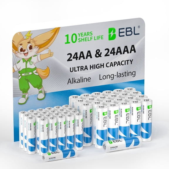 EBL AA & AAA Batteries Combo Pack, 48-Count Pack (24 Double A & 24 Triple A), 1.5V Alkaline Batteries, Long-Lasting High Energy Leak-Proof Batteries for Household and Business