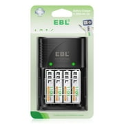 EBL AAA Rechargeable Batteries 4-Pack and Smart Battery Charger with AC Wall Plug for AA AAA 9V Ni-MH Ni-CD Rechargeable Batteries