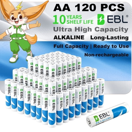 EBL Alkaline AA Batteries Value Pack (120 Pack), 1.5 Volts Long-Lasting Double A Batteries for Business and Household 10 Years Shelf Life Ultra High Capacity Power
