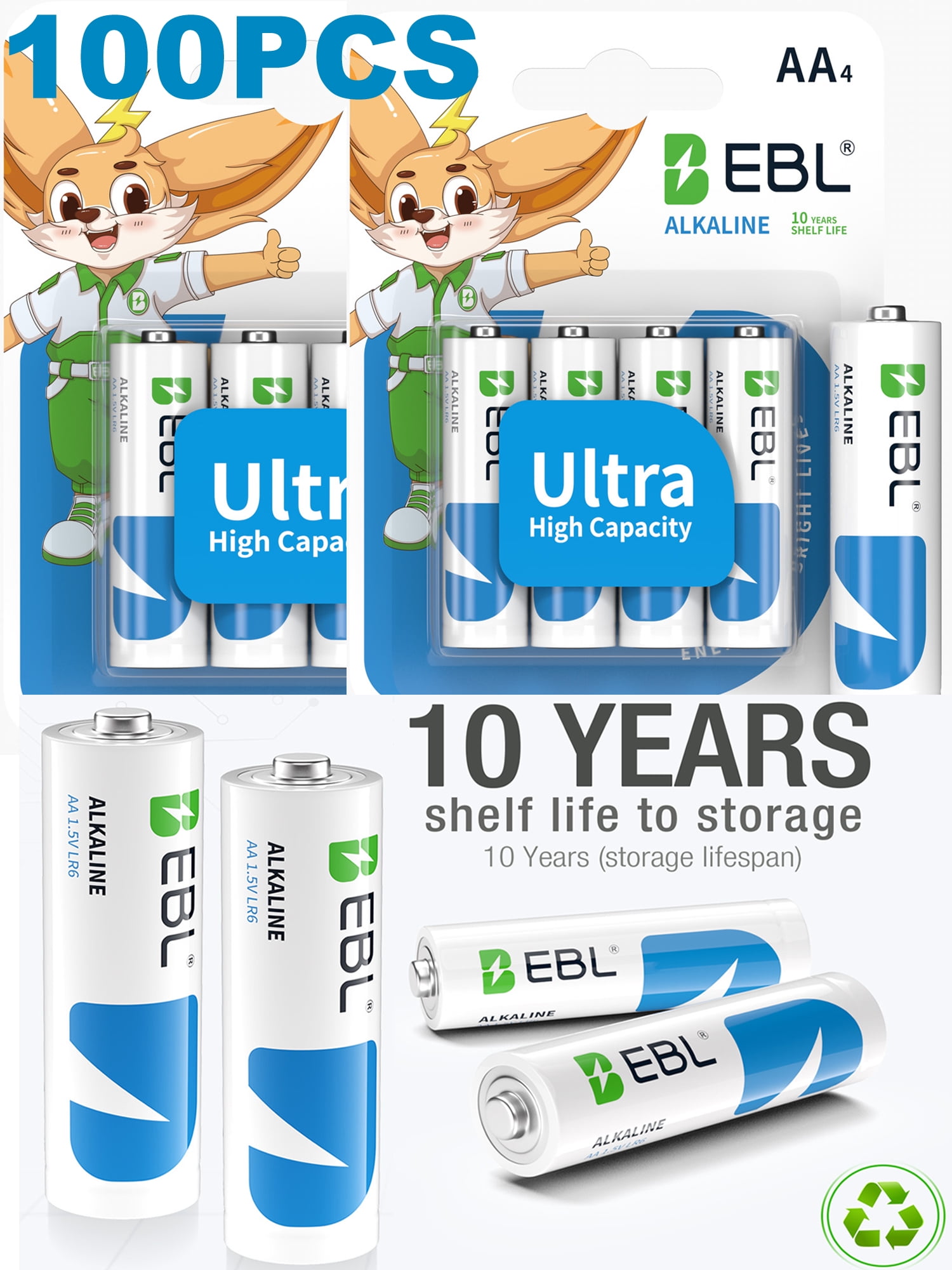 EBL Alkaline Double A Batteries, 1.5V Long-Lasting AA Alkaline Battery, 100 Pack