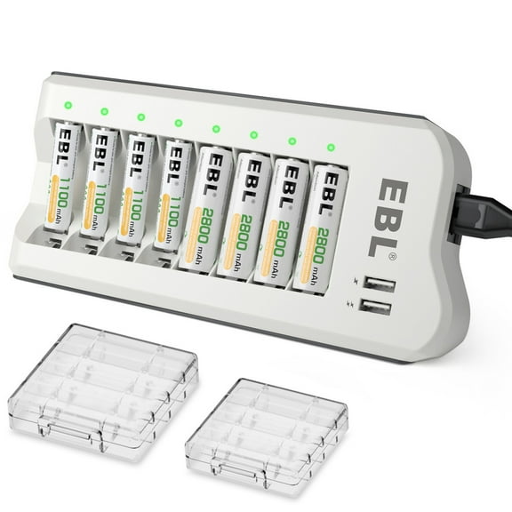 EBL Battery Charger with AA AAA Batteries - 8Bay Battery Charger and 4pcs AA Rechargeable Batteries 2800mAh & 4pcs AAA 1100mAh Battery NiMh Battery 1.2V