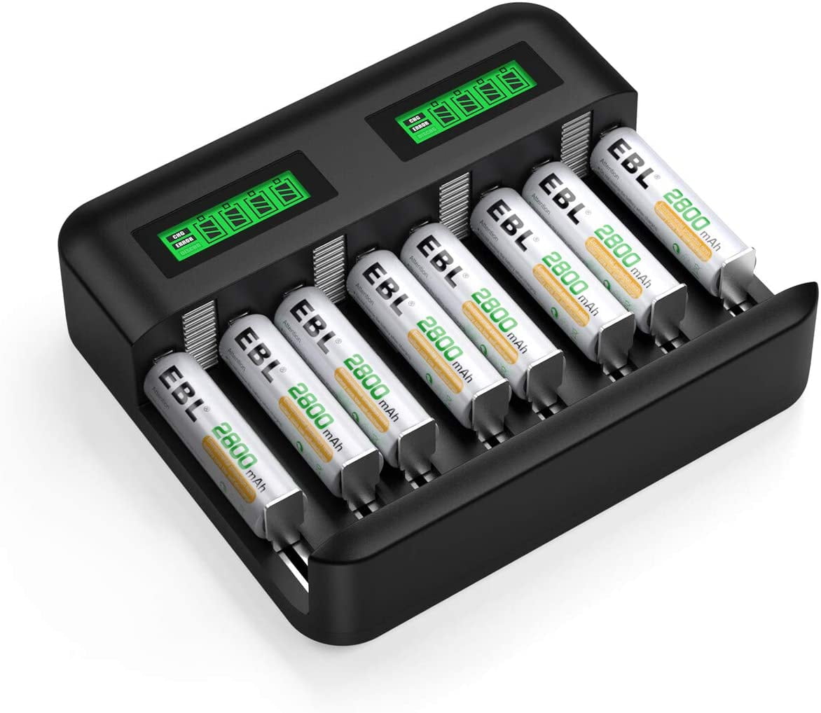 EBL Battery Charger for AA/AAA/C/D Rechargeable Battery with 1.2V NiMH Rechargeable AA Battery 2800mAh 8 Packs Combo