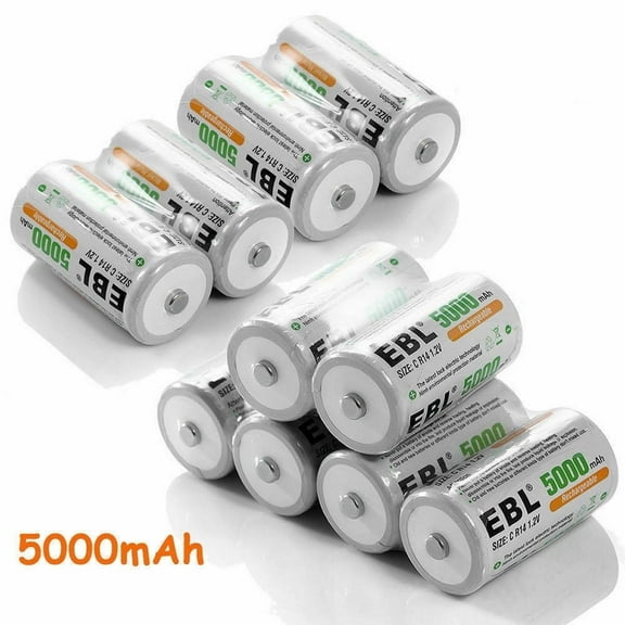 EBL C Batteries High Energy 5000mAh Ready2Use C Rechargeable Battery Cells, 10 Counts