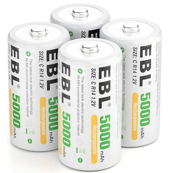 EBL C Batteries High Energy 5000mAh Ready2Use C Rechargeable Battery Cells, 4 Counts