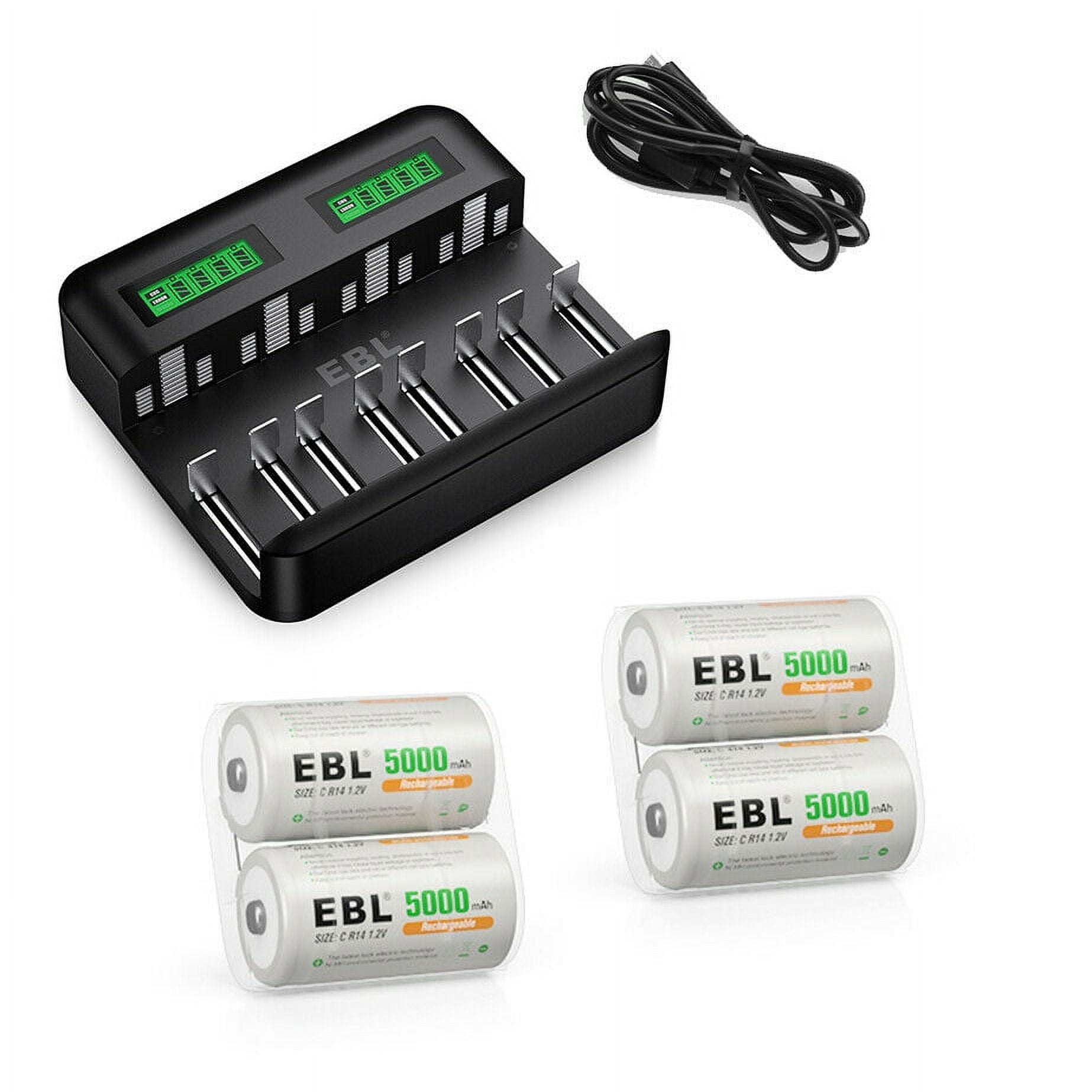 EBL C Rechargeable Batteries 5000mAh (4 Pack) + 8 Bay Battery Charger for Ni-MH AA AAA C D Batteries