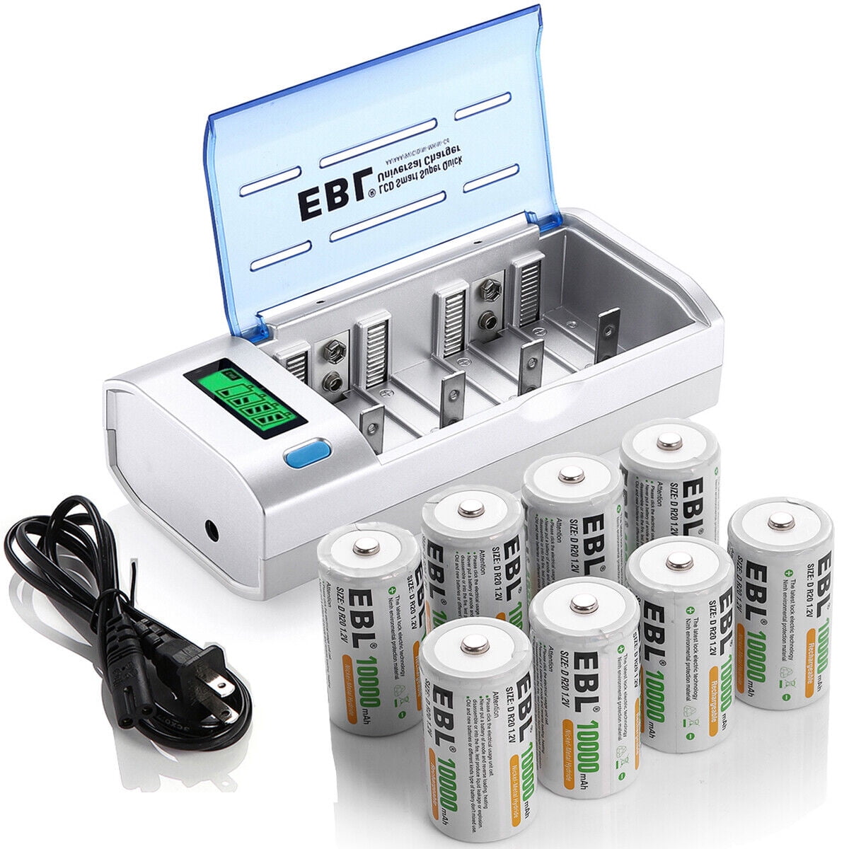 EBL D Cell Batteries 10,000mAh Ni-MH Rechargeable 1.2V (8-Pack) with Smart Battery Charger for C D AA AAA 9V Ni-MH Ni-CD Rechargeable Batteries with Discharge Function & LCD Display