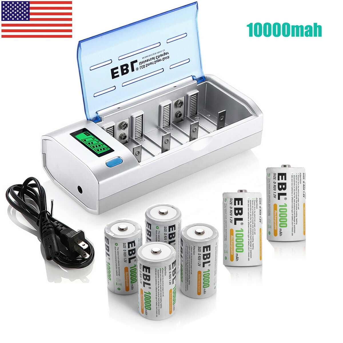 EBL D Cell Batteries 10,000mAh NiMH Rechargeable D Batteries (6Pack