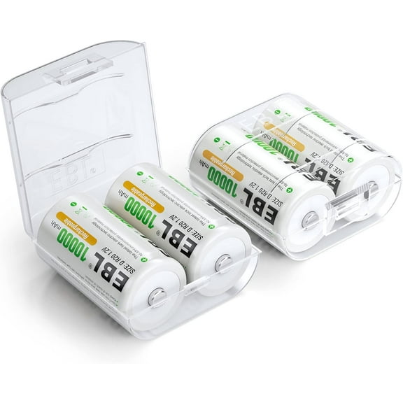 EBL D Cell Batteries 10,000mAh Ni-MH Rechargeable D Batteries, 4-Pack(Battery Storage Case Included)