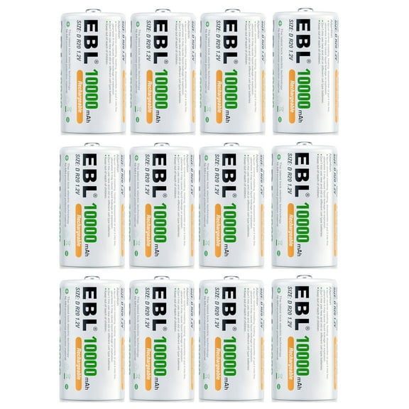EBL D Cell Batteries 10,000mAh Ultra Pro Ni-MH Rechargeable , 12-Pack(Battery Storage Case Included)