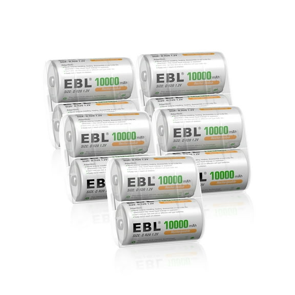 EBL D Size Rechargeable Batteries D Cell 10000mah NiMH Battery 10 Pack 1.2V