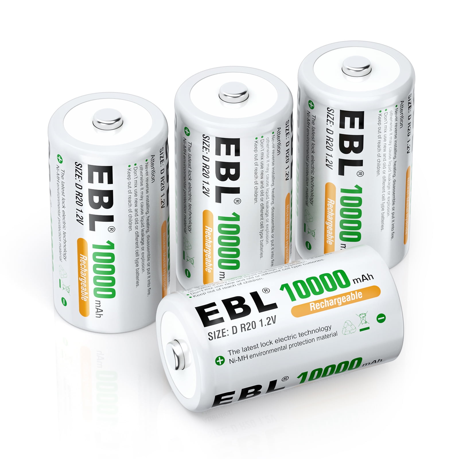 EBL 4 Pack 10000mAh D Size Rechargeable Batteries High Capacity Ni-MH D Batteries