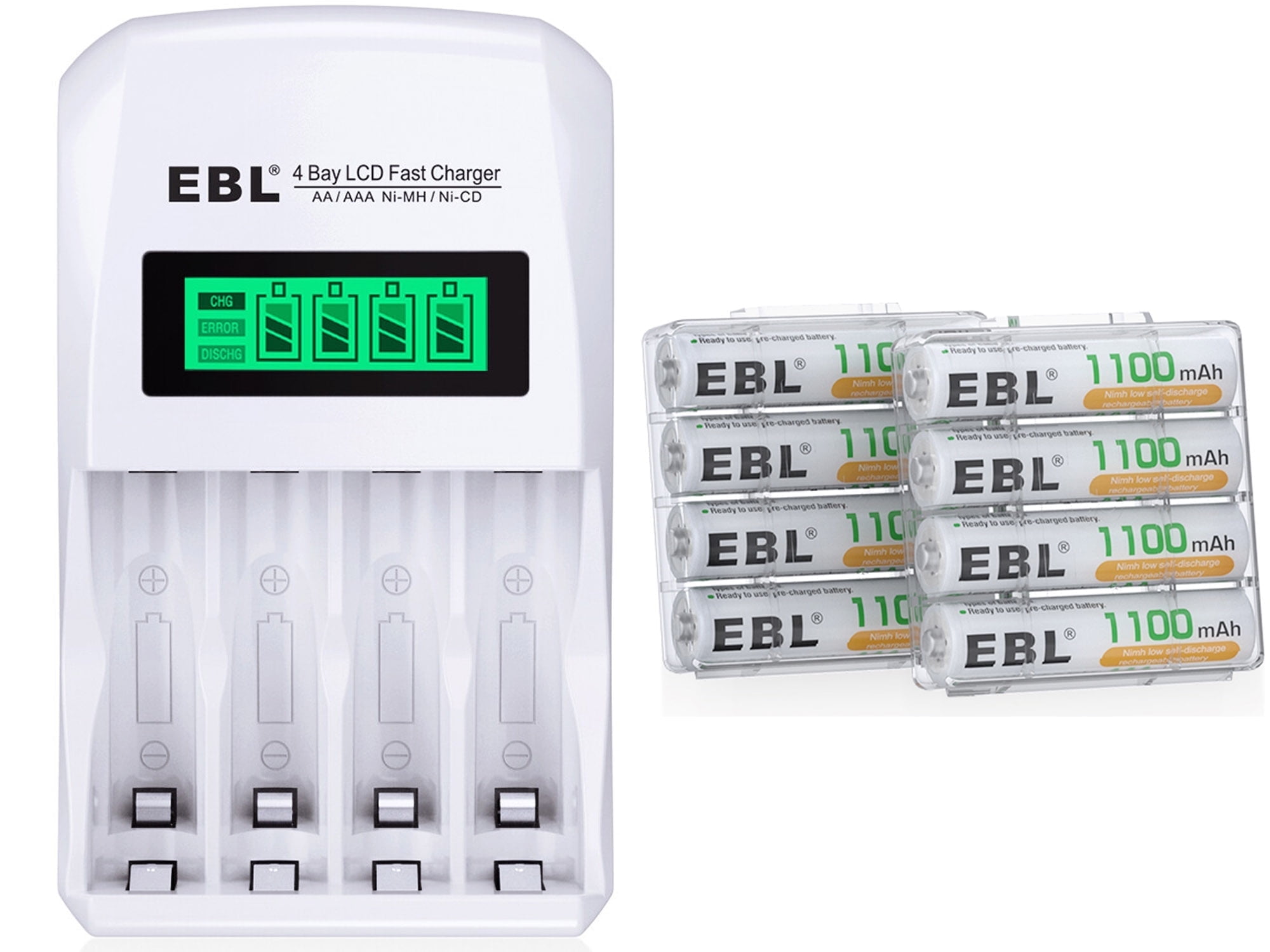 EBL LCD AA AAA Ni-MH Battery Charger with 8Pcs AAA Rechargeable Batteries 1100mAh