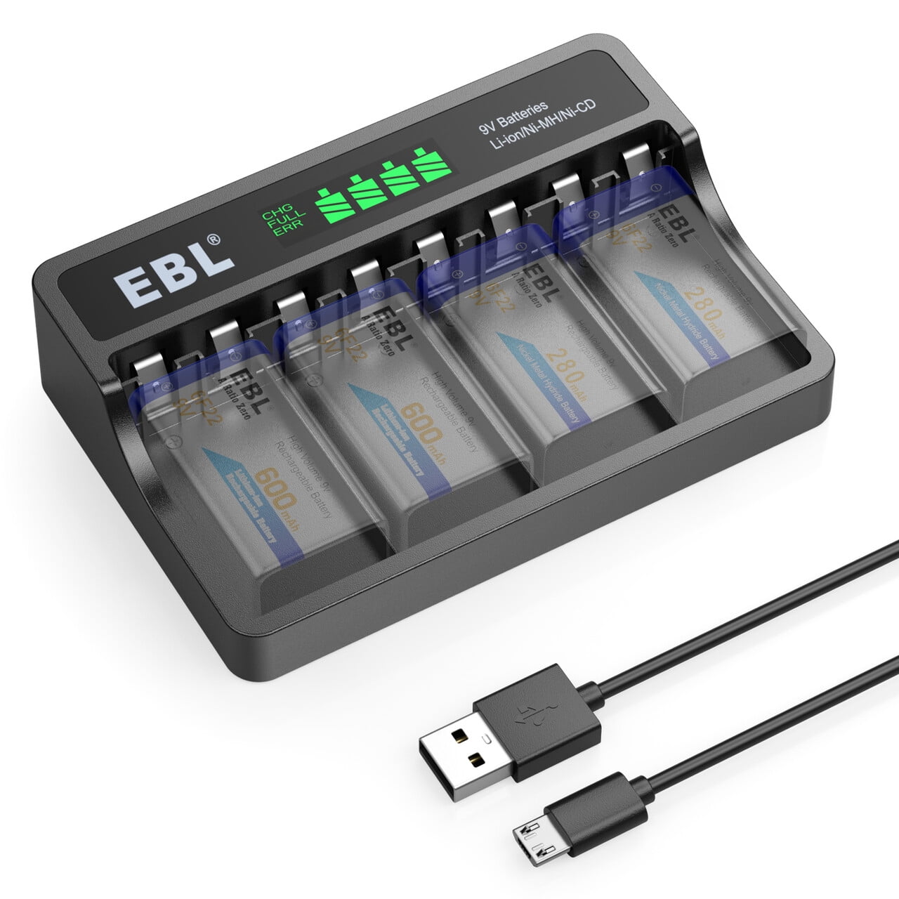 EBL LCD Smart 9V Battery Charger for Lithiumion/NiMH/NiCD Rechargeable Batteries with 2A USB