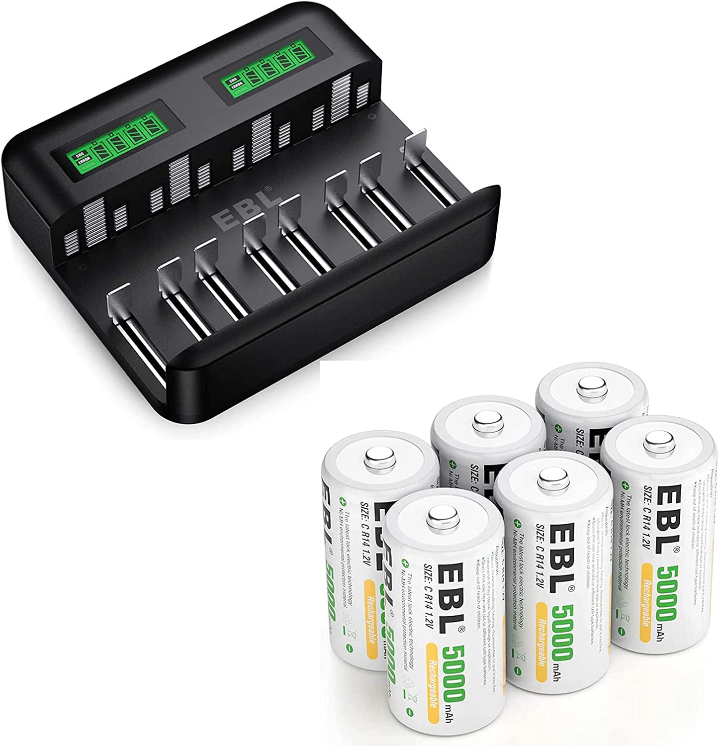 EBL LCD Universal Battery Charger - 8 Bay AA AAA C D Battery Charger for Rechargeable Batteries Ni-MH AA AAA C D Batteries with C Cell C Size Rechargeable Batteries 6 Pack